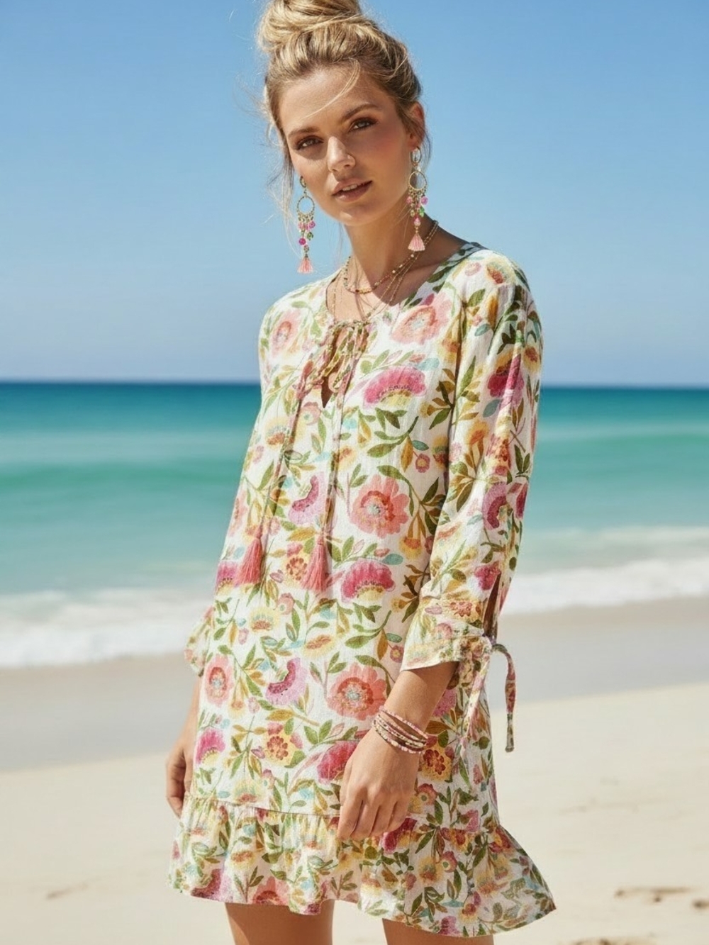 Gorgeous Debbie Katz Floral Tie-Neck Beach Tunic Dress - Pink, Green, Cream